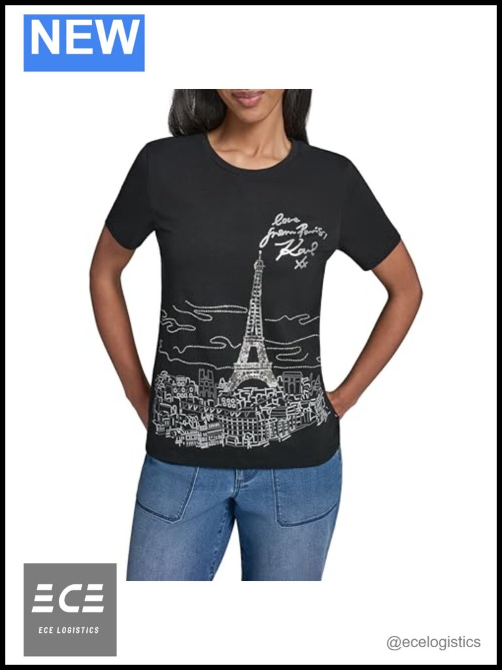Women's Logo Paris City Theme Whimsical T-Shirt Relaxed Fit Crew Neck Cap